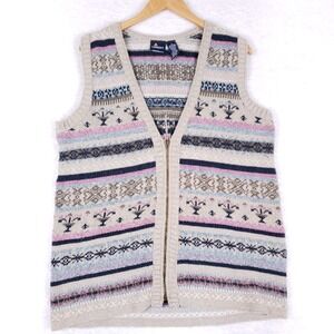 Vintage 90s Lizsport Sweater Vest M Fair Isle Knit Beige Multicolor Made in USA
